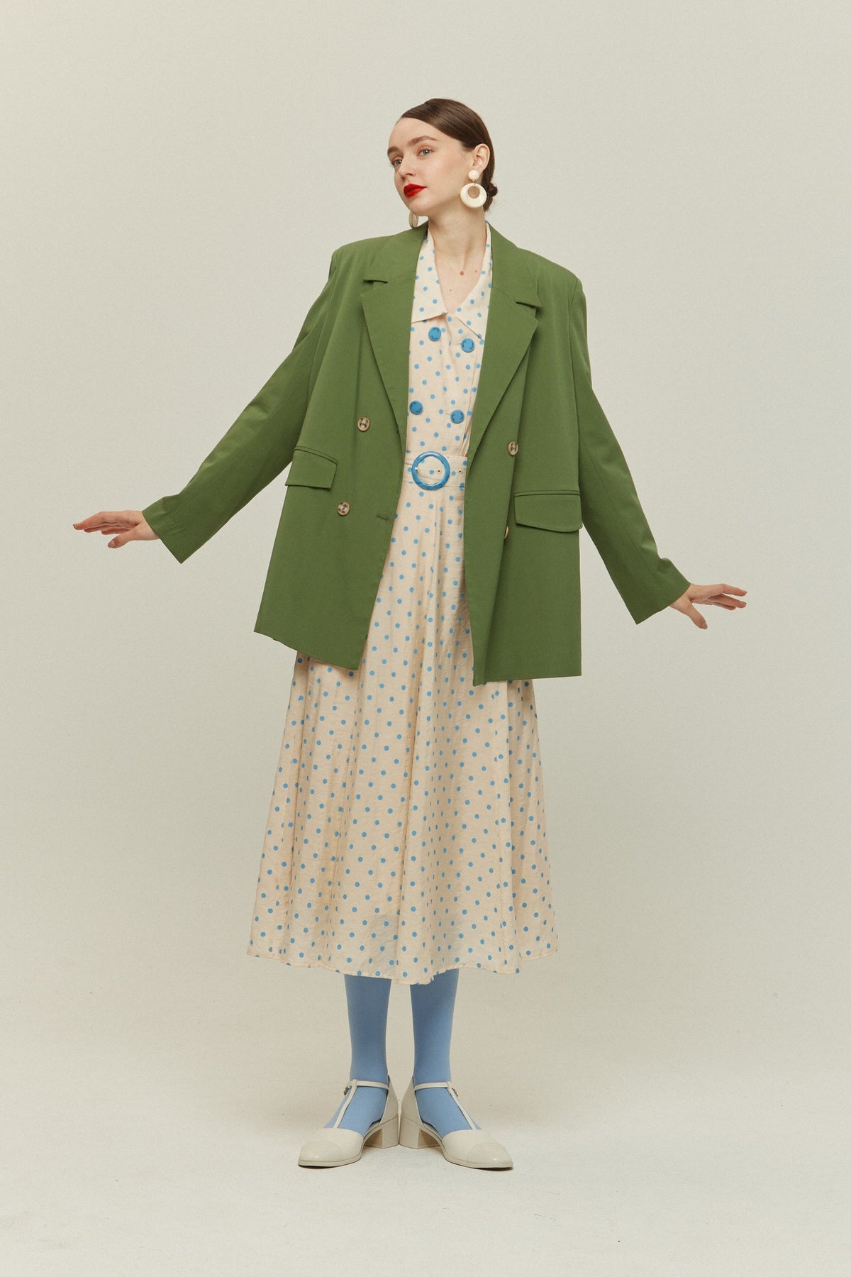 《Draw a map with tree branches》Double button jacket-Light green