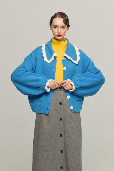 《サラダしか食べたくない》スカラップデザインニットカーディガン-Blue