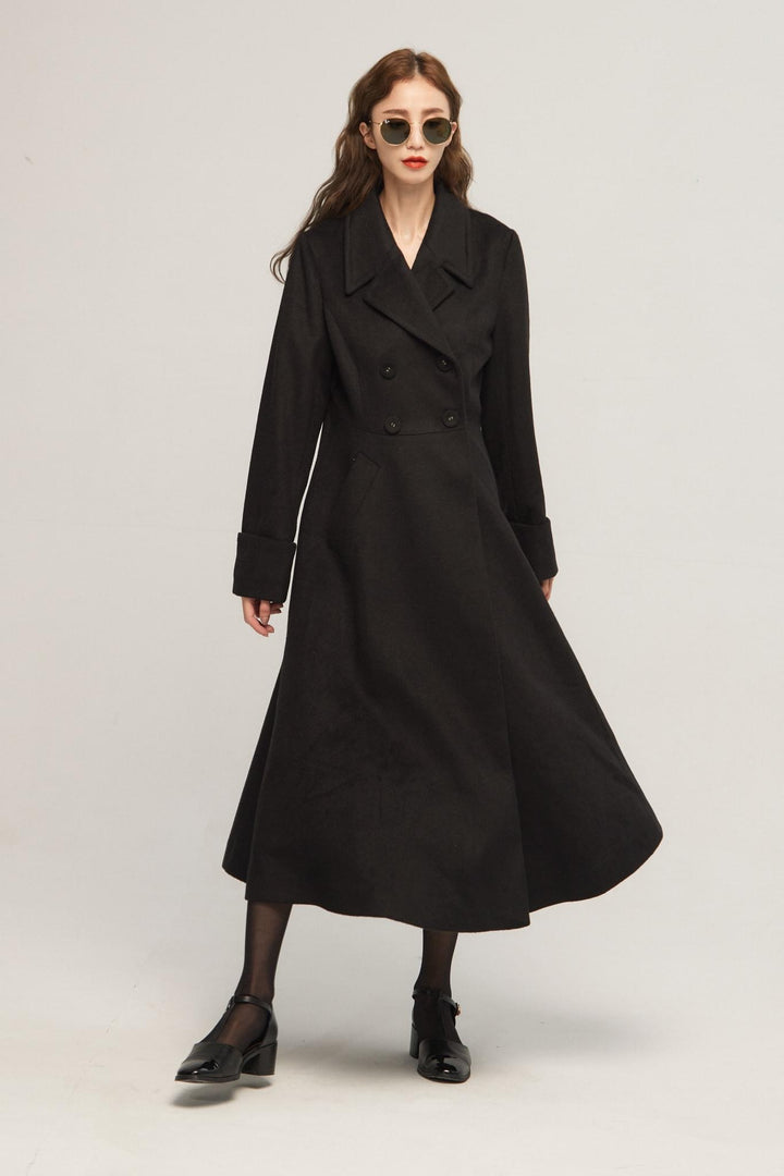 《サイコロに息を吹きかけて》ダブルブレストウールブレンドコート-Black