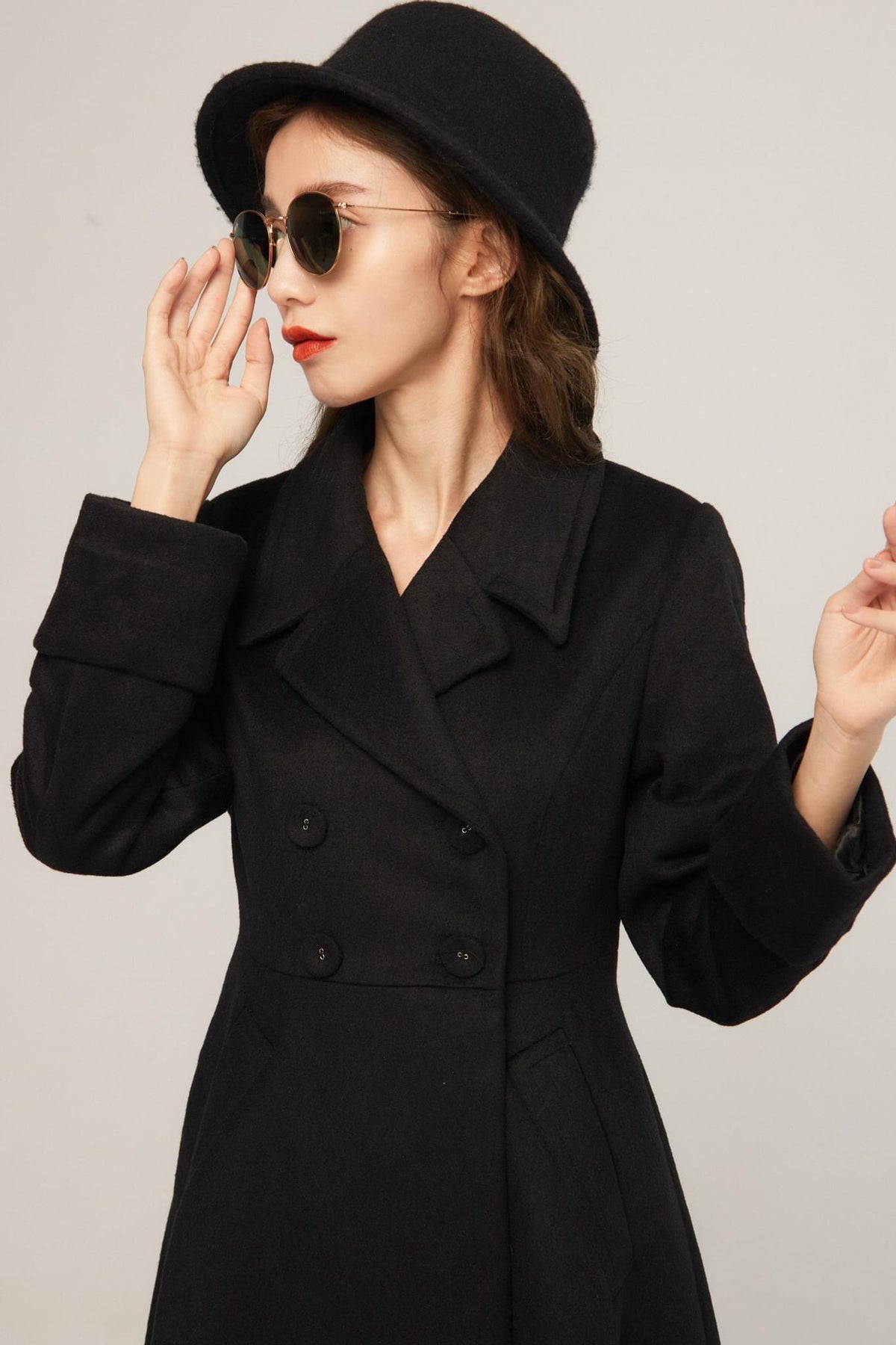 《サイコロに息を吹きかけて》ダブルブレストウールブレンドコート-Black