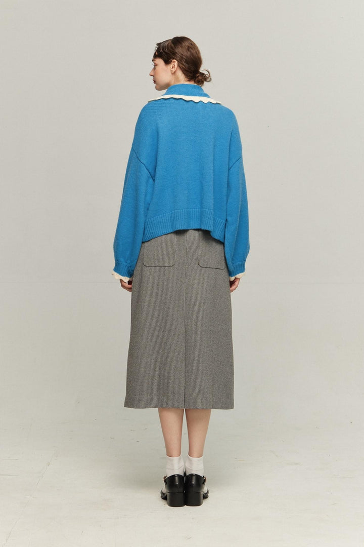 《I only want to eat salad》 Scallop design knit cardigan-Blue