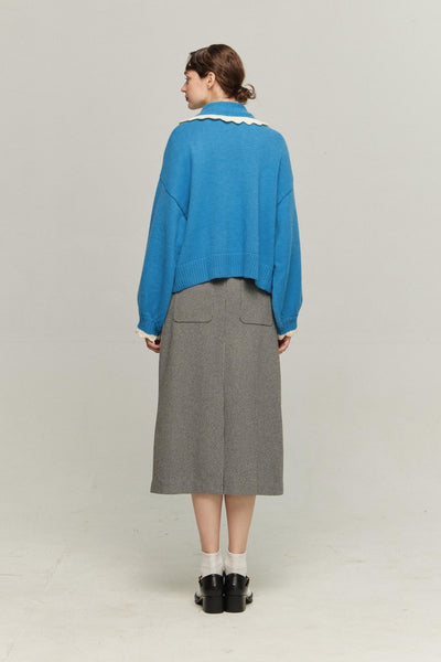 《サラダしか食べたくない》スカラップデザインニットカーディガン-Blue