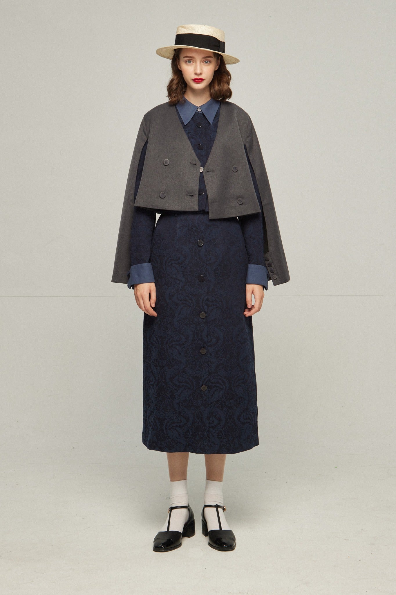 tnewties タクシーを呼んで　スカート　トゥエンティーズ タクシーを呼んで》ハイウエストシノワズリジャガードスカート-Navy