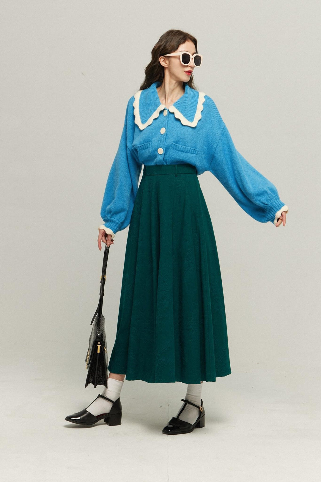 《I only want to eat salad》 Scallop design knit cardigan-Blue