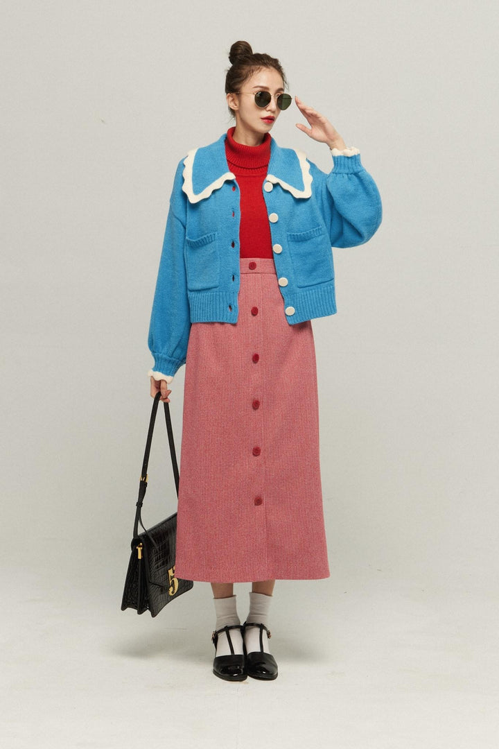 《I only want to eat salad》 Scallop design knit cardigan-Blue