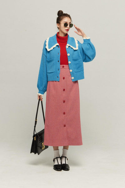 《サラダしか食べたくない》スカラップデザインニットカーディガン-Blue