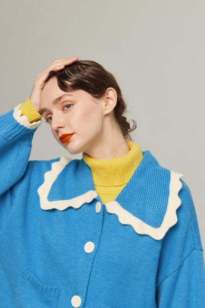 《サラダしか食べたくない》スカラップデザインニットカーディガン-Blue