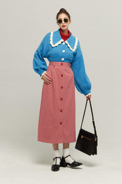 《サラダしか食べたくない》スカラップデザインニットカーディガン-Blue