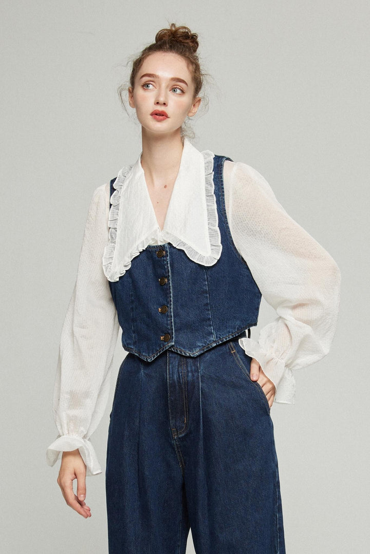 《メリーがまた嫉妬している》シースルーフリルブラウス-Off White