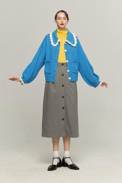 《サラダしか食べたくない》スカラップデザインニットカーディガン-Blue