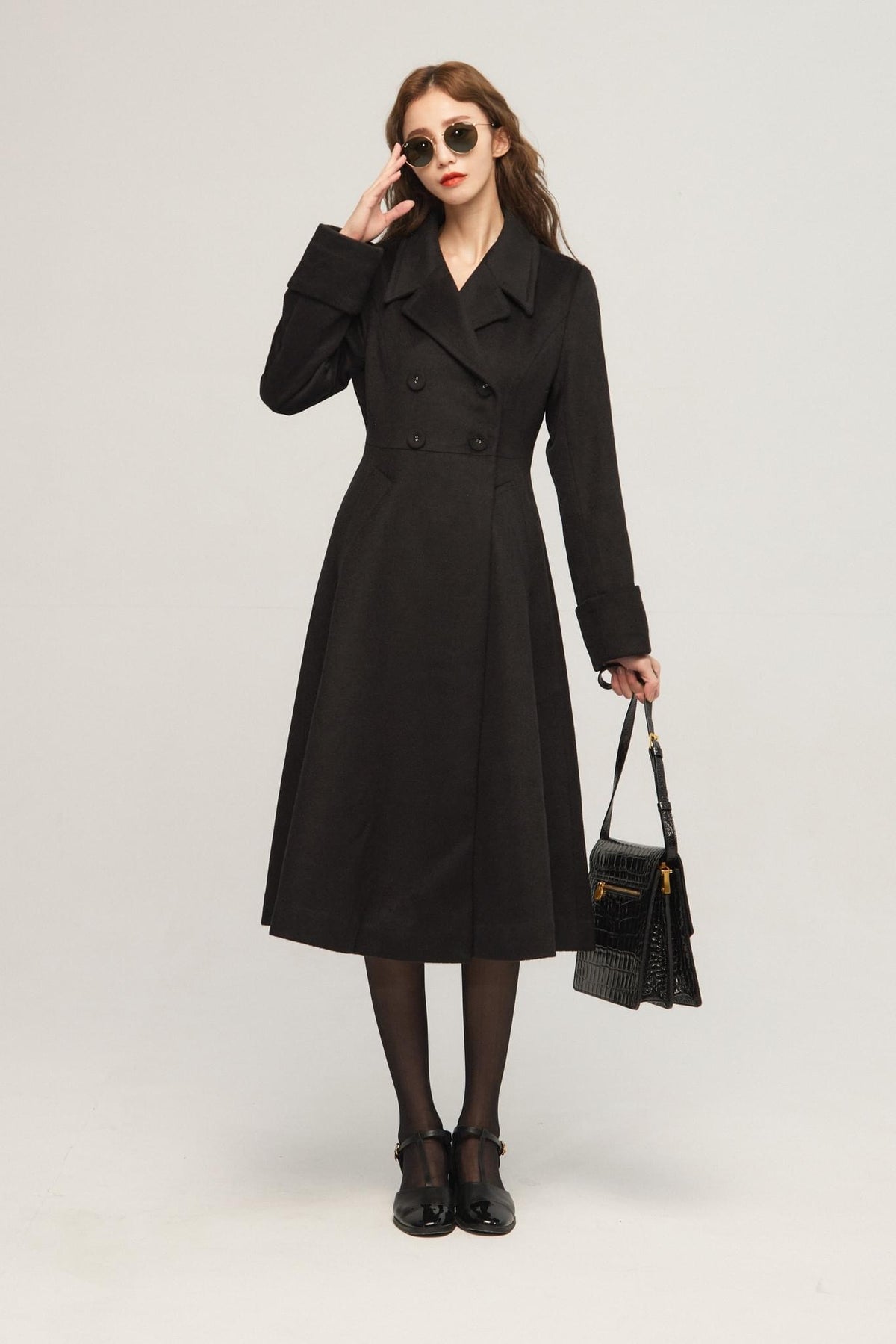 《サイコロに息を吹きかけて》ダブルブレストウールブレンドコート-Black