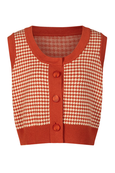 《壊れたフィルム》ハウンドトゥースチェックベスト-Orange red