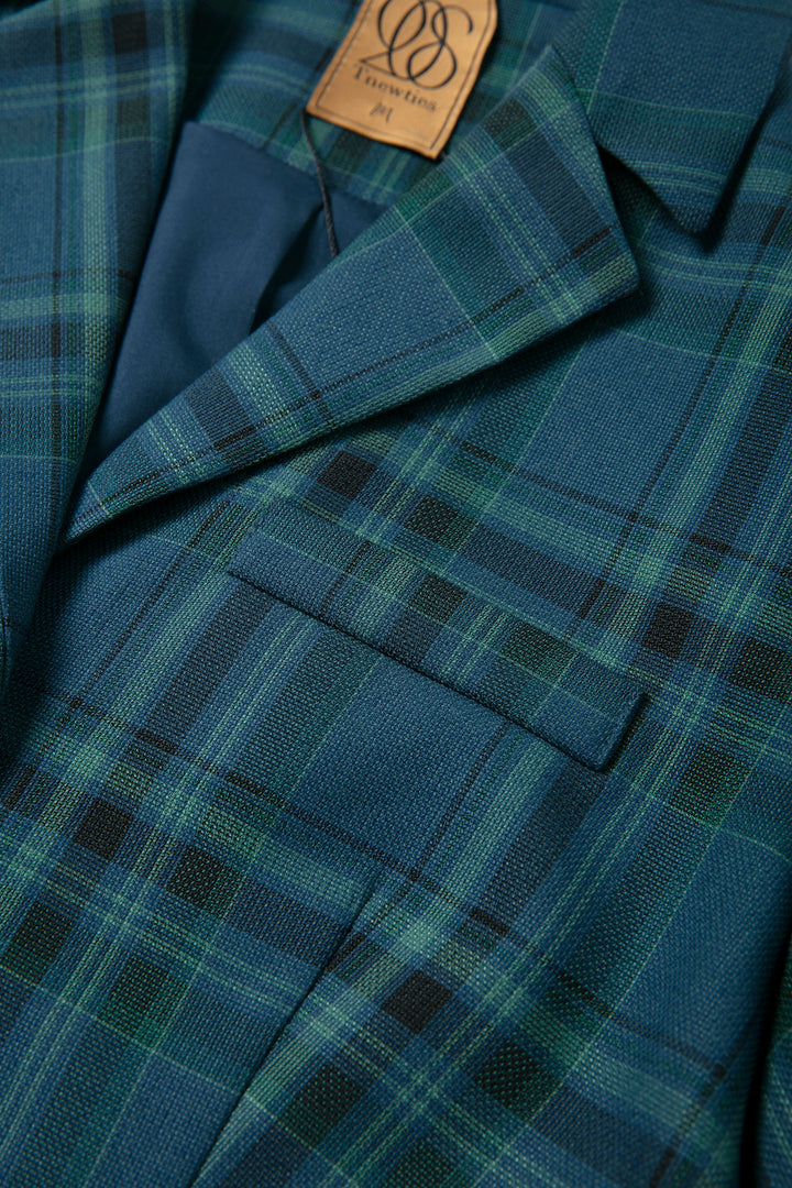 《ポールと道でばったり遭遇》クロップドチェックジャケット-Blue green