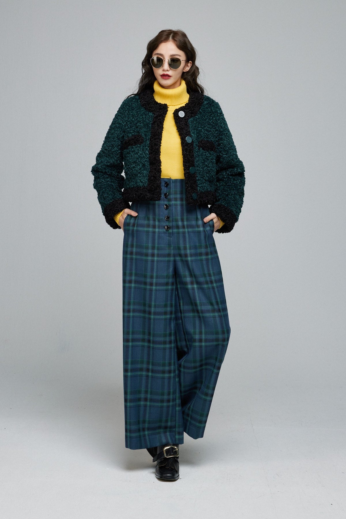 《Bumping into Paul on the street》 High waist wide check pants-Blue green