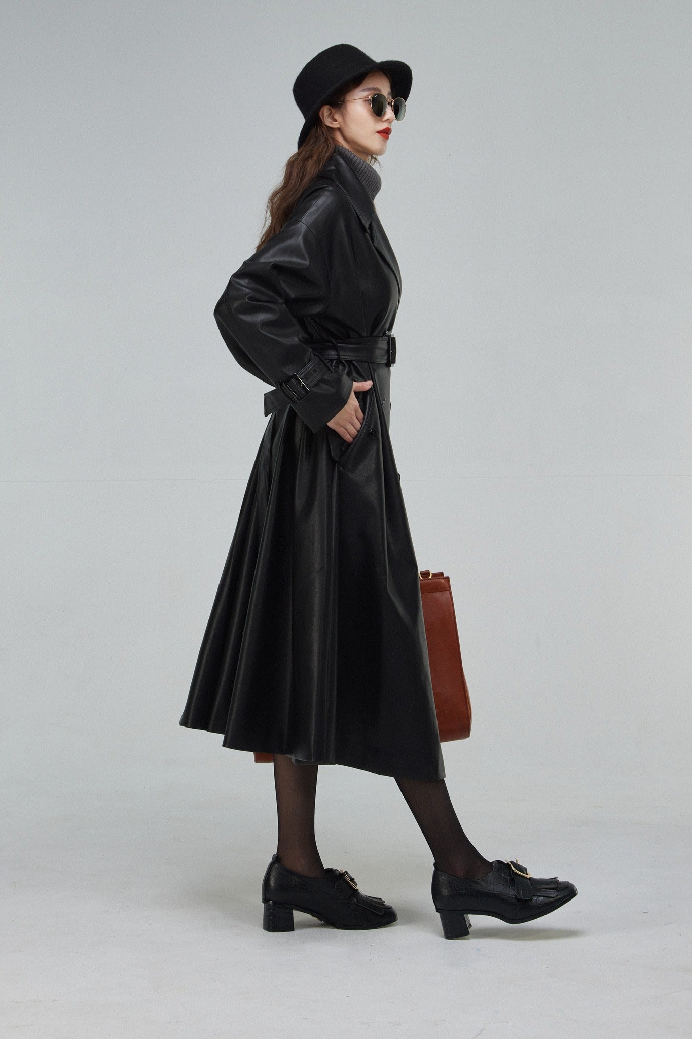 TNEWTIES ブラックロングコート　リバーシブル 黒幕の登場》ダブルブレストフェイクレザーコート-Black – Tnewties