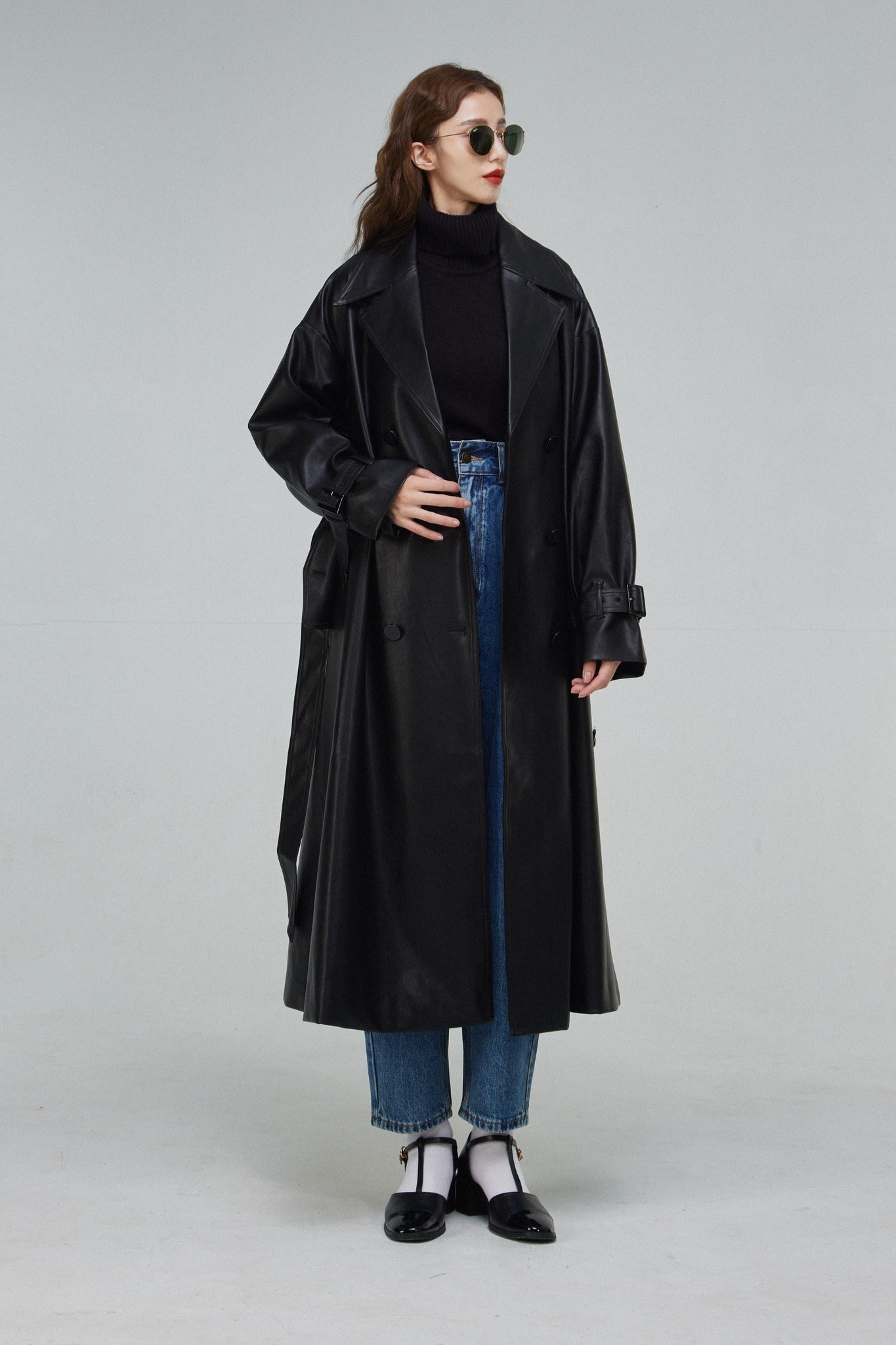 黒幕の登場》ダブルブレストフェイクレザーコート-Black – Tnewties