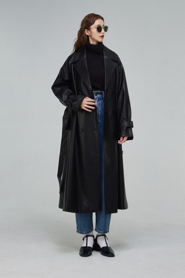 黒幕の登場》ダブルブレストフェイクレザーコート-Black – Tnewties