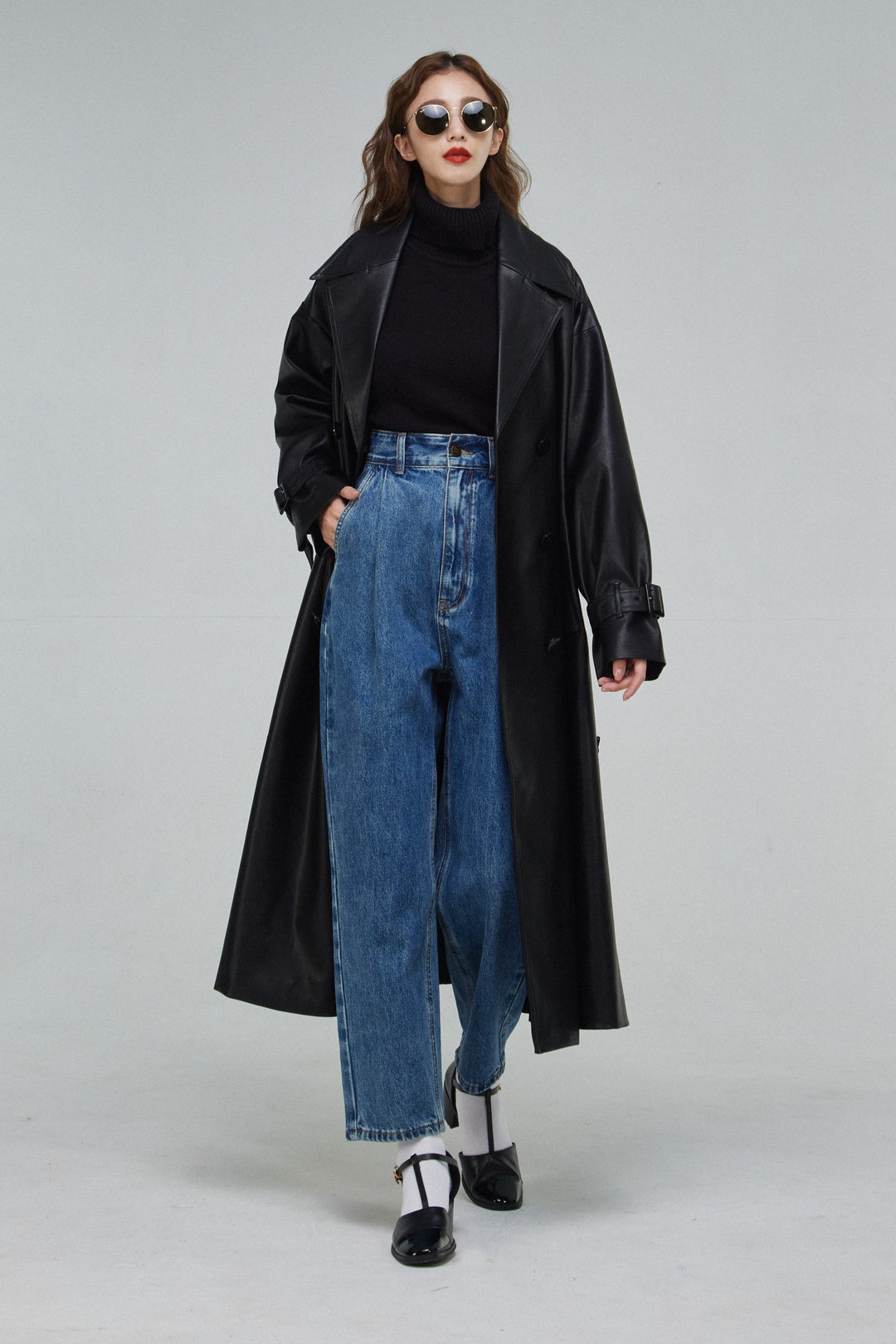 黒幕の登場》ダブルブレストフェイクレザーコート-Black – Tnewties