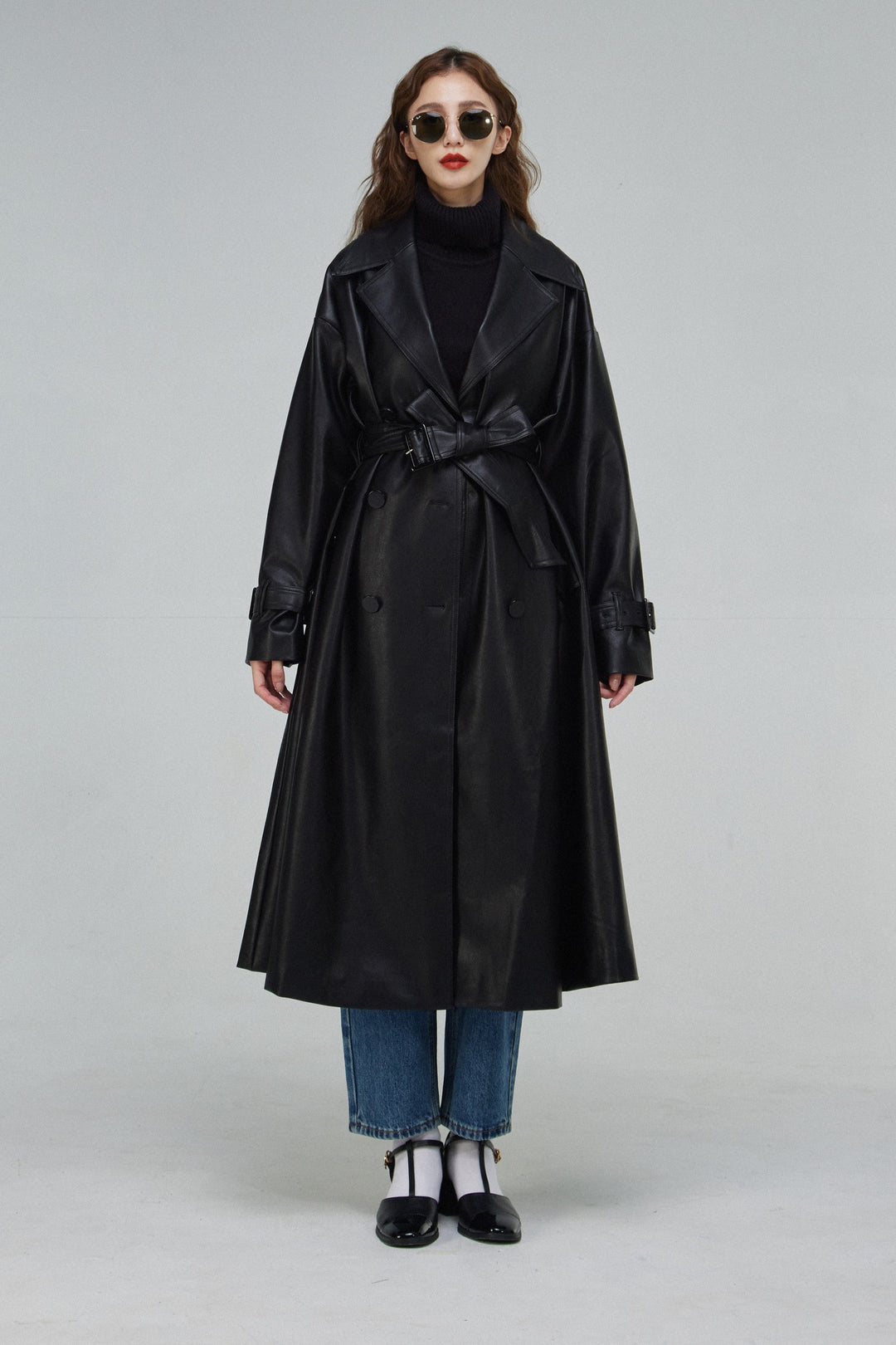 黒幕の登場》ダブルブレストフェイクレザートレンチコート-Black