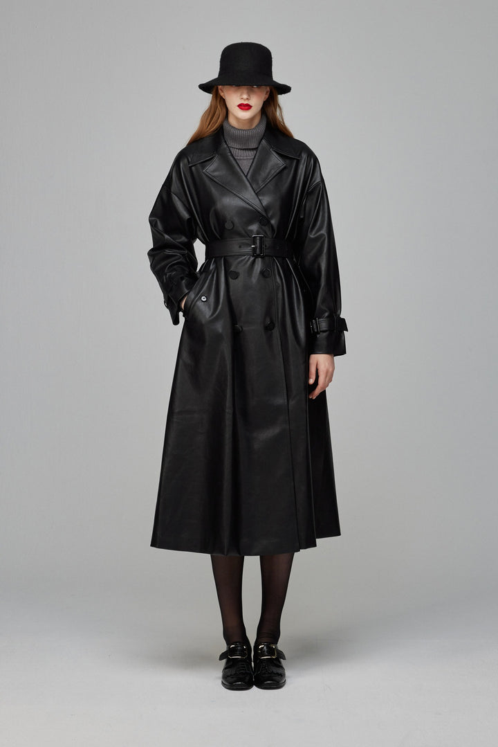 黒幕の登場》ダブルブレストフェイクレザーコート-Black – Tnewties