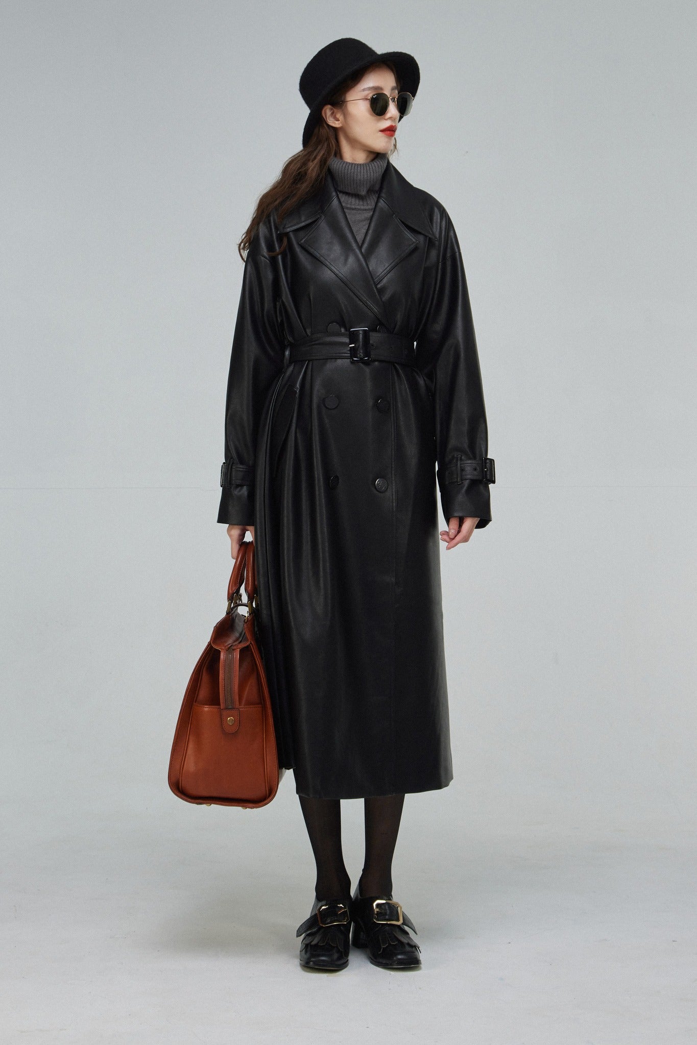 黒幕の登場》ダブルブレストフェイクレザーコート-Black – Tnewties