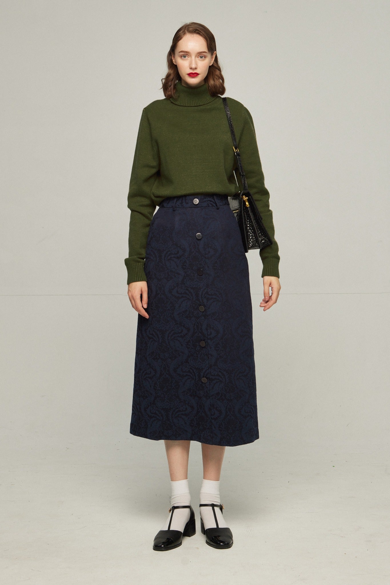 タクシーを呼んで》ハイウエストシノワズリジャガードスカート-Navy