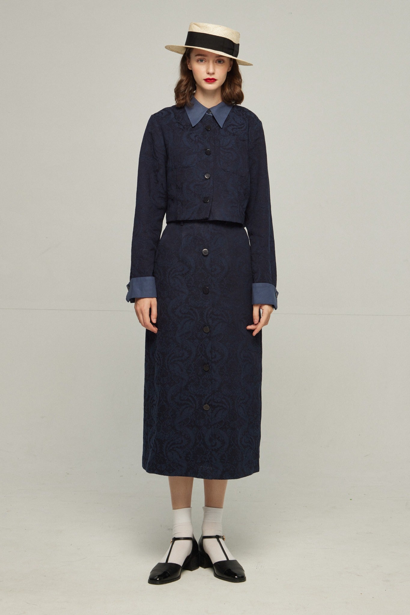 タクシーを呼んで》ハイウエストシノワズリジャガードスカート-Navy