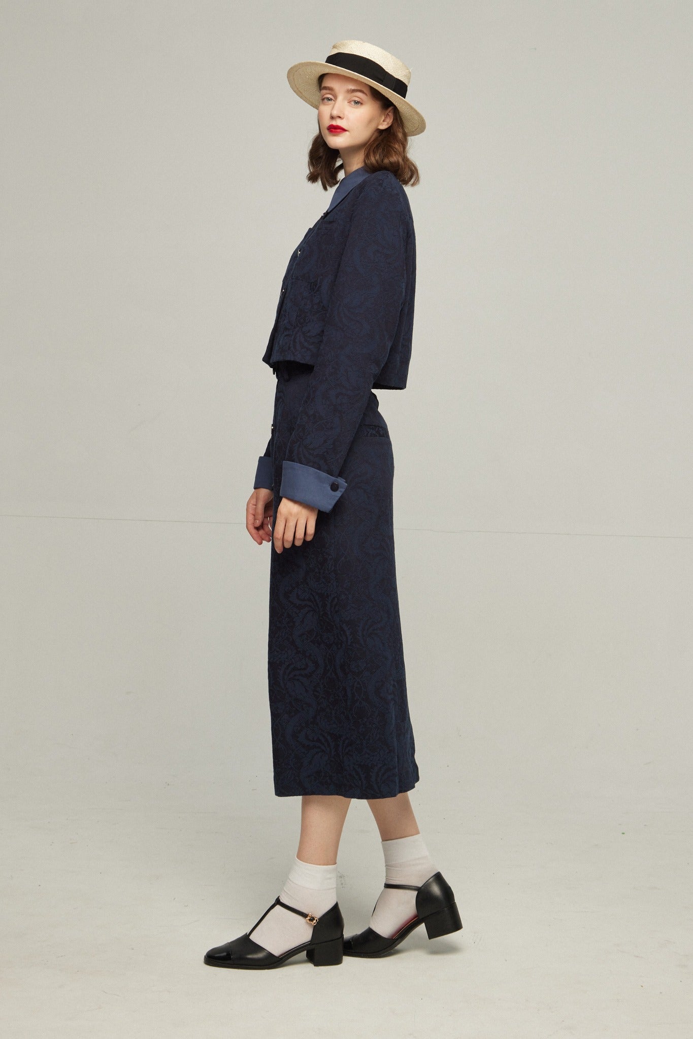 タクシーを呼んで》ハイウエストシノワズリジャガードスカート-Navy
