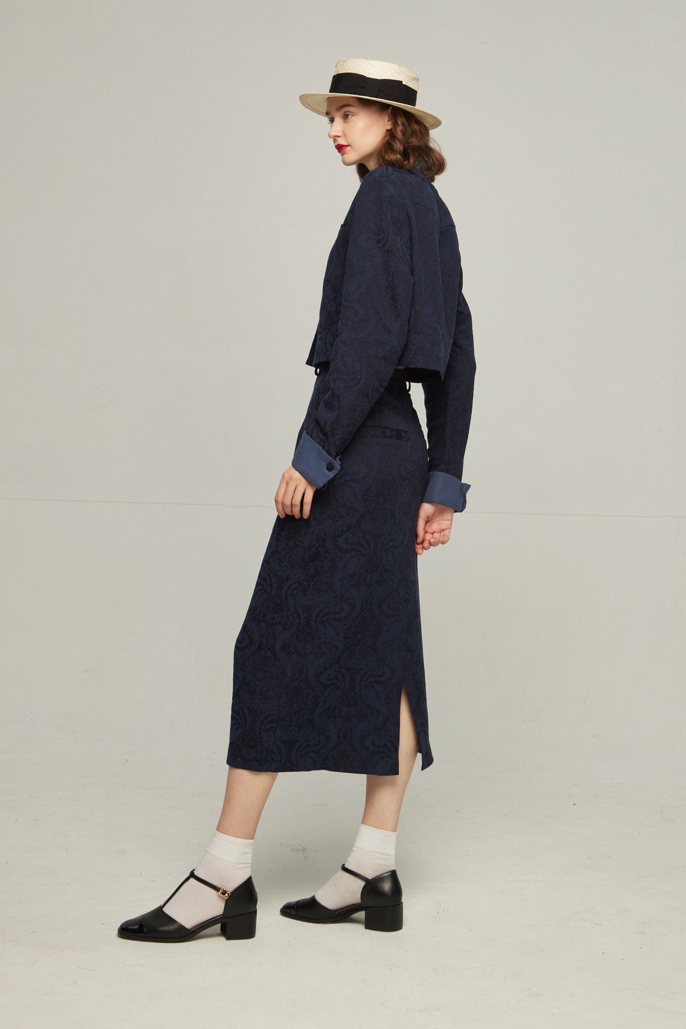 タクシーを呼んで》ハイウエストシノワズリジャガードスカート-Navy タクシーを呼んで》ハイウエストシノワズリジャガードスカート-Navy