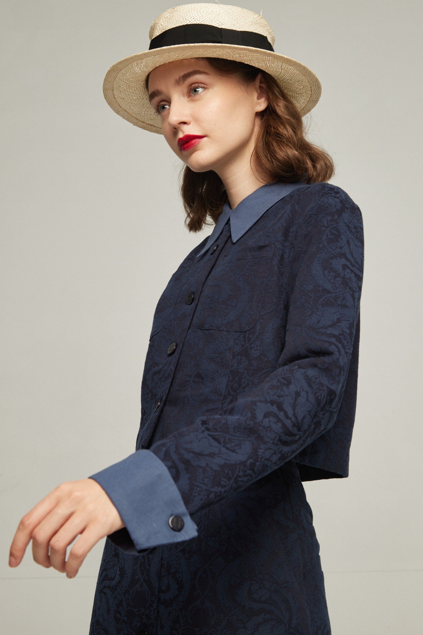 tnewties タクシーを呼んで　スカート　トゥエンティーズ タクシーを呼んで》ハイウエストシノワズリジャガードスカート-Navy