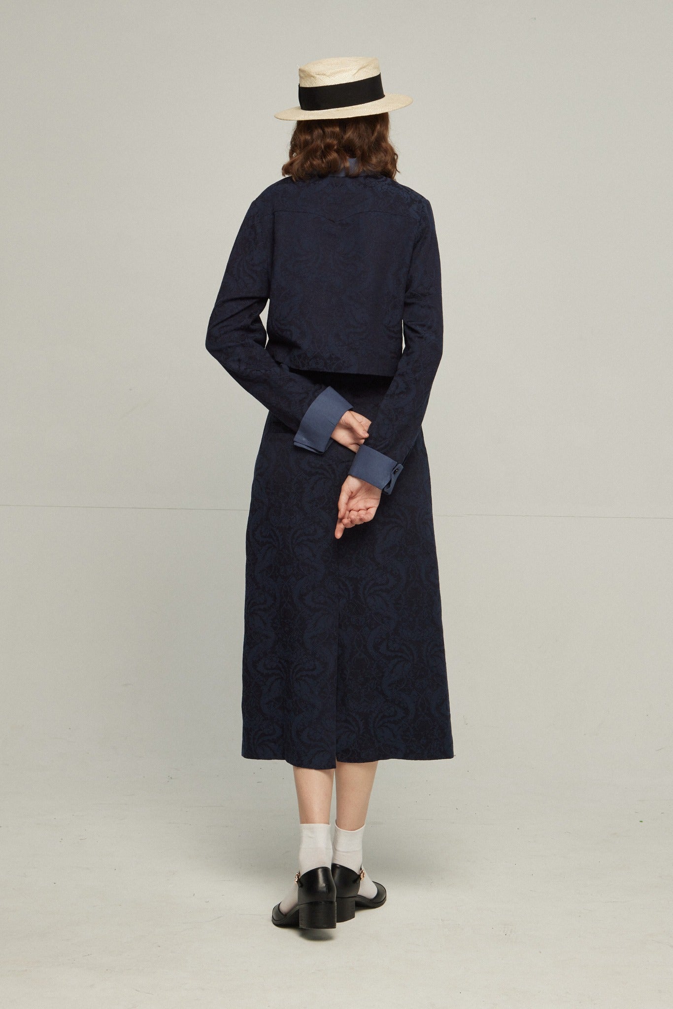 タクシーを呼んで》ハイウエストシノワズリジャガードスカート-Navy