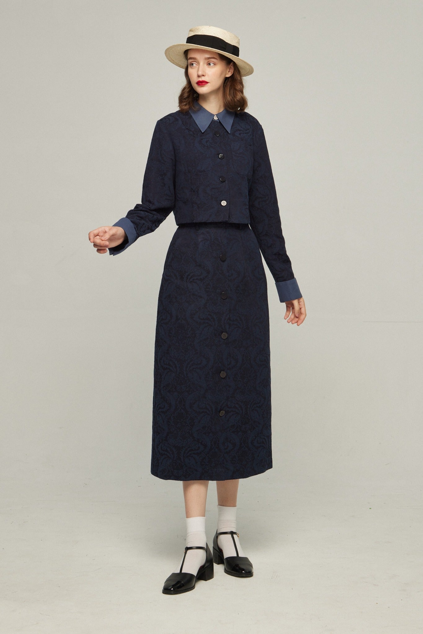 タクシーを呼んで》ハイウエストシノワズリジャガードスカート-Navy