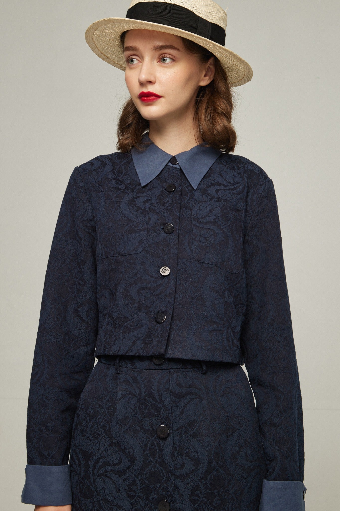 tnewties タクシーを呼んで　スカート　トゥエンティーズ タクシーを呼んで》ハイウエストシノワズリジャガードスカート-Navy